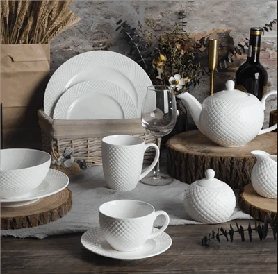 Juego de vajilla de porcelana con diamantes en relieve blanco de estilo europeo